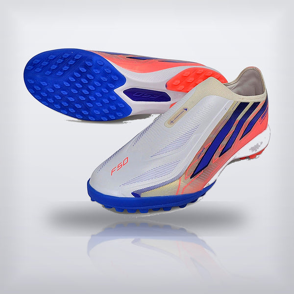 Tachos F50 Hyperfast Elite Laceless TF Blanco Azul — X Cleats MX