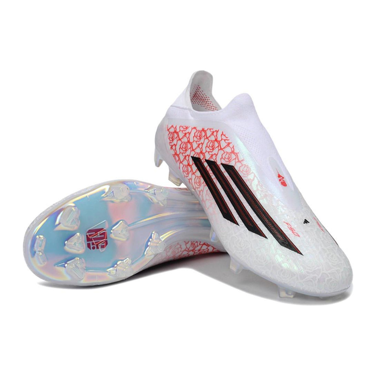 Taquetes adidas F50 LY blanco con rosas rojas, suela FG, vista de par