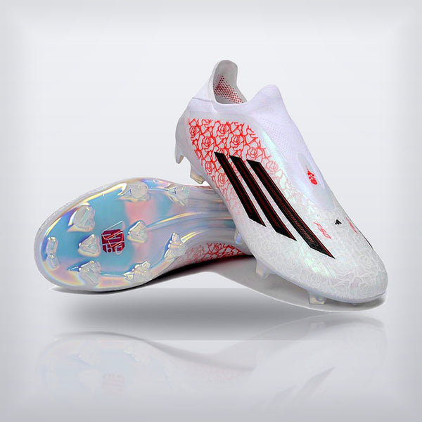 Taquetes adidas F50 LY blanco con rosas rojas, suela FG, vista de par