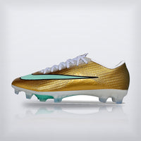 Mercurial Vapor 17 Mbappe dorado con swoosh verde menta, vista lateral